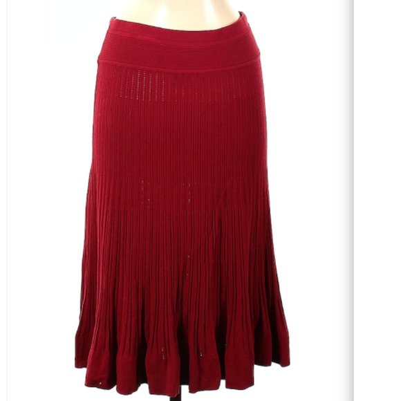 Donna Karan Designer Ruby Red Sweater Skirt Stretch Knit Flared Fluted Tulip Hem - Picture 6 of 7